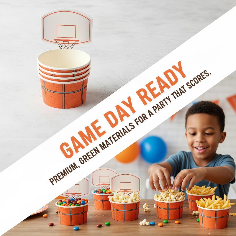 Food Snacks For Kids Party - 6個入りバスケットボール型スナックボウル、食品安全な使い捨て紙製デザートカップ、子供の誕生日パーティーの飾り付けに