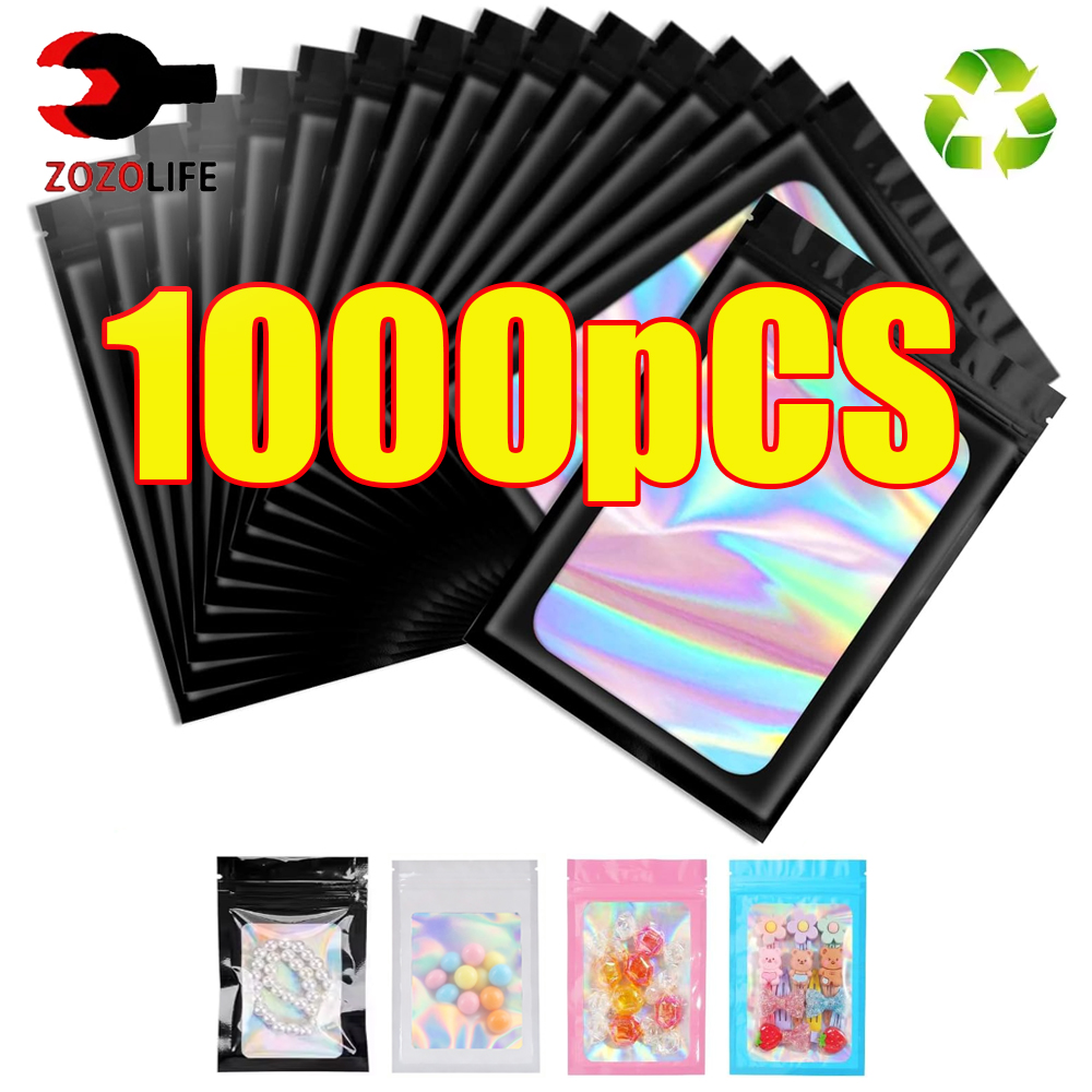 Food Z - 10-1000 個ホログラフィックジップロックバッグ黒プラスチックレーザー虹色ジップギフトバッグマニキュアまつげリングジュエリー食品保管用